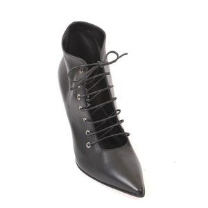 Fucsia 615a Black Leather Lace-Up Zip-Up Ankle Pointy Heel Bootie